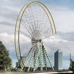 Auf einer Brücke dreht sich ein großes Riesenrad.