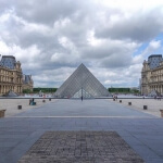 Der Louvre in Paris mit einer Pyramide im Hintergrund.